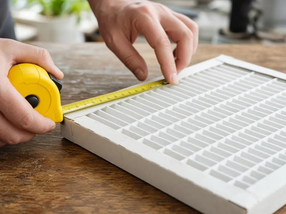 Measuring a furnace air filter's edge with a tape measure
