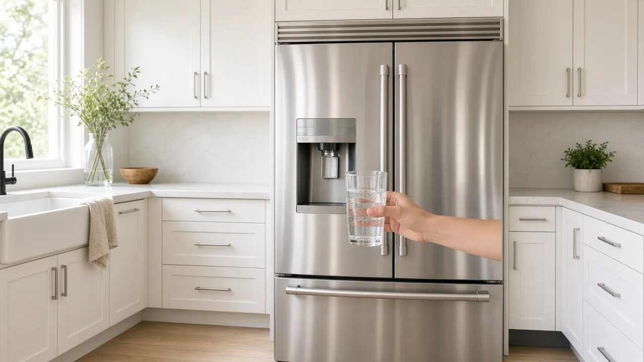 Filling a glass from a refrigerator water dispenser in a bright kitchen