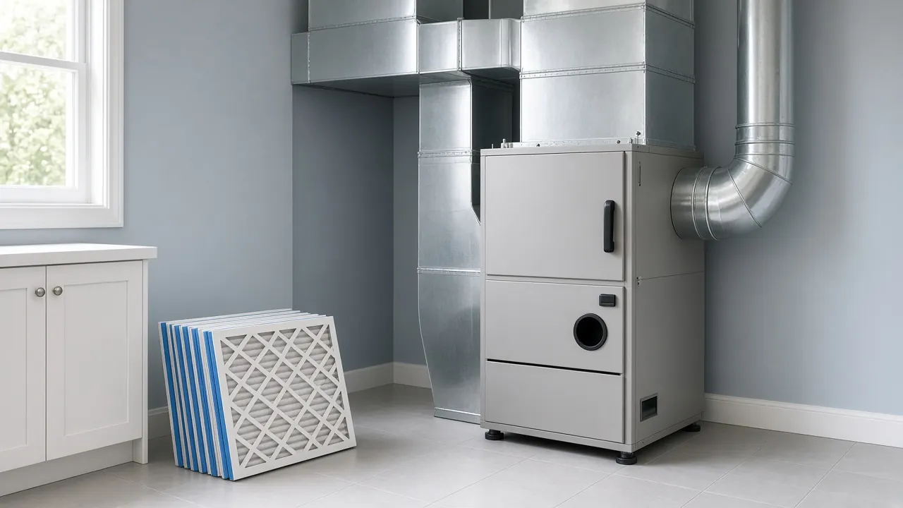 Residential gas furnace with a stack of new pleated air filters